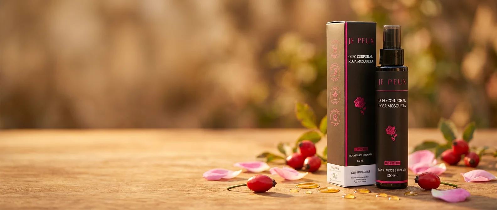 Óleo de Rosa Mosqueta da Linha Clássica com rosa mosqueta e pétalas